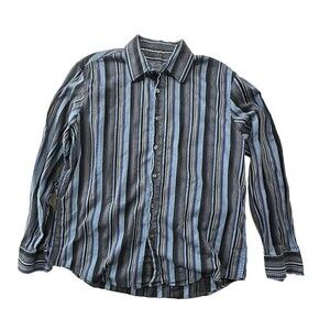 Tasso Elba Shirt Men L Blue Black Striped Button Up Pocket Long Sleeve Cotton